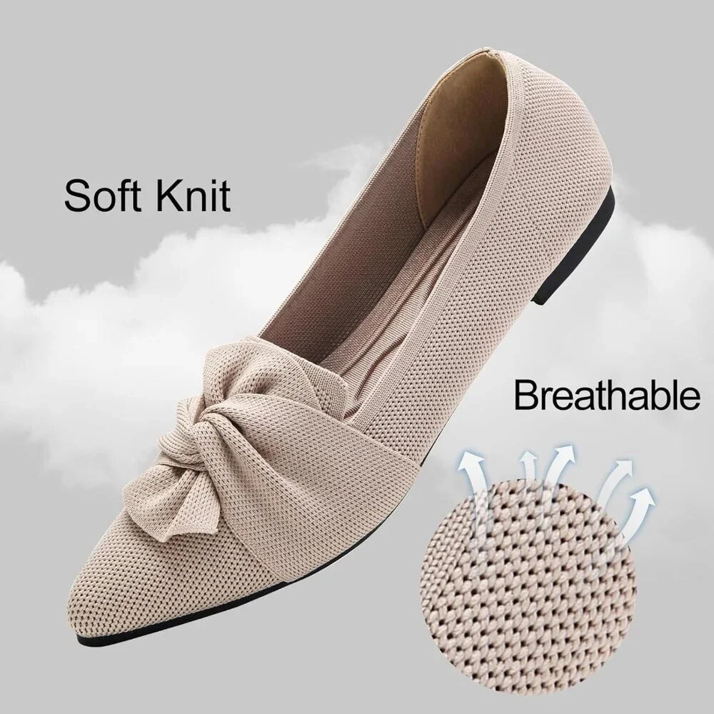 Women's Beige Pointed Toe Ballet Flats with Bow Comfortable Knit Dressy Flats - Picture 3 of 8